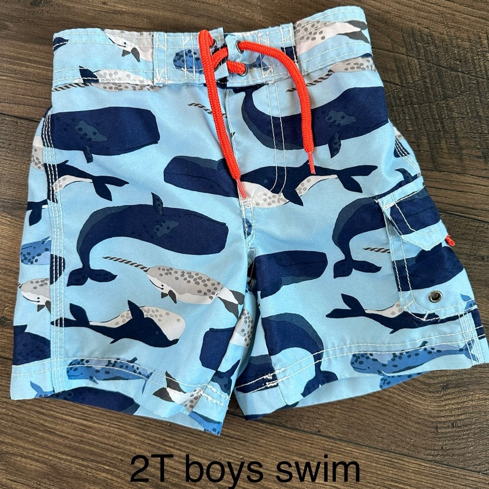 Carter's Light Blue Whale Swim Shorts with Orange Drawstring